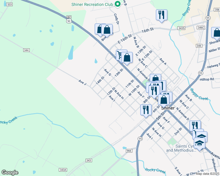 map of restaurants, bars, coffee shops, grocery stores, and more near 1208 North Avenue H in Shiner