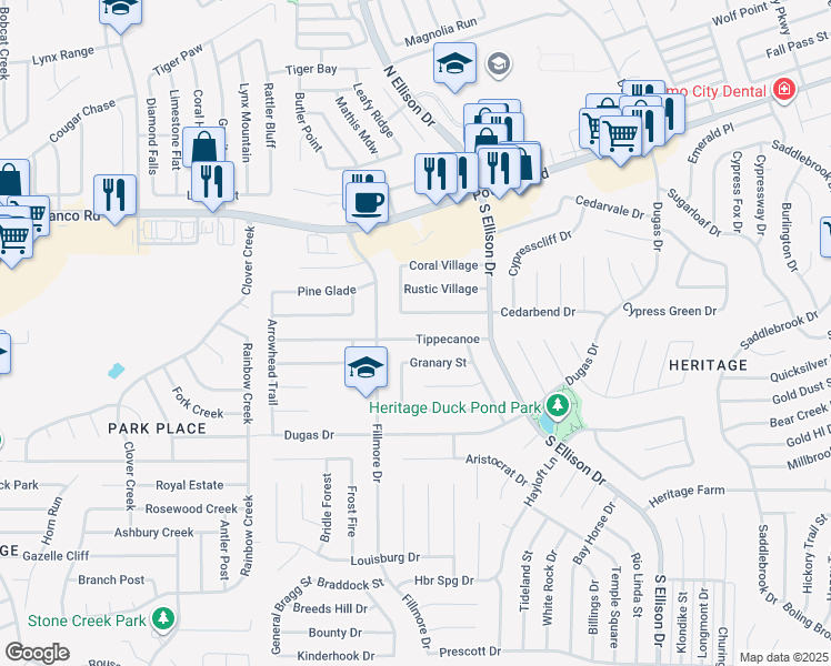 map of restaurants, bars, coffee shops, grocery stores, and more near 10351 Tippecanoe in San Antonio