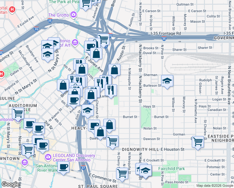 map of restaurants, bars, coffee shops, grocery stores, and more near 901 North Cherry Street in San Antonio