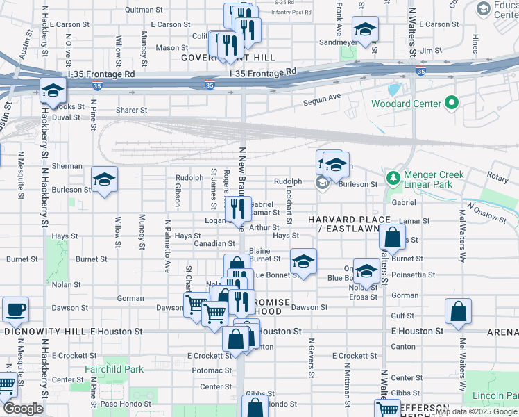 map of restaurants, bars, coffee shops, grocery stores, and more near 1325 Lamar Street in San Antonio