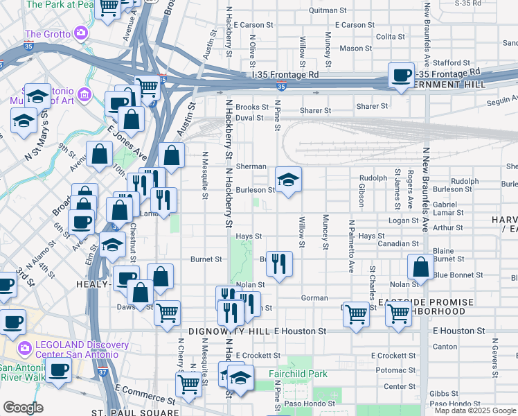 map of restaurants, bars, coffee shops, grocery stores, and more near 535 Lamar Street in San Antonio