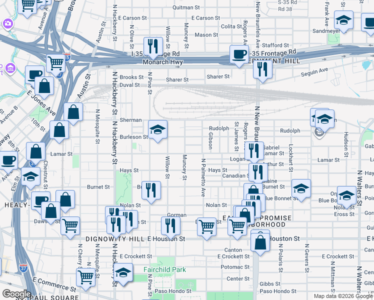 map of restaurants, bars, coffee shops, grocery stores, and more near 831 Lamar Street in San Antonio