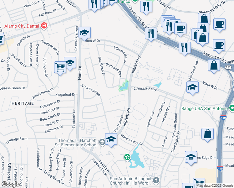 map of restaurants, bars, coffee shops, grocery stores, and more near 322 Las Puertas in San Antonio