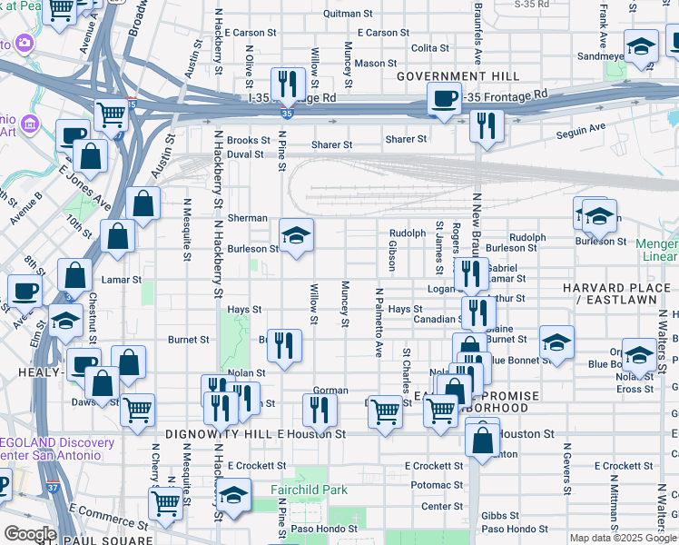 map of restaurants, bars, coffee shops, grocery stores, and more near 831 Lamar Street in San Antonio