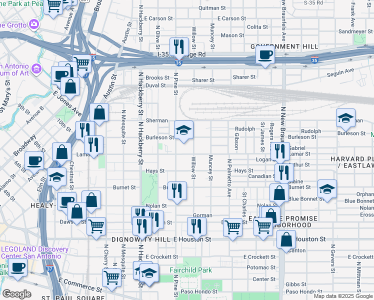 map of restaurants, bars, coffee shops, grocery stores, and more near 515 Willow Street in San Antonio