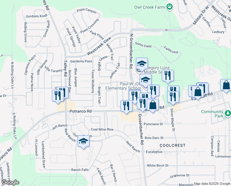 map of restaurants, bars, coffee shops, grocery stores, and more near 226 Mallow Grove in San Antonio