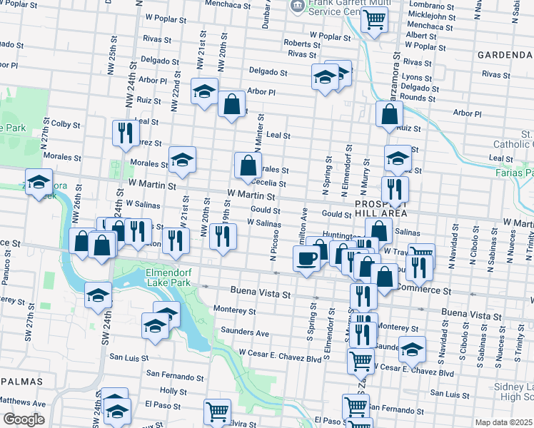 map of restaurants, bars, coffee shops, grocery stores, and more near 3421 West Salinas in San Antonio