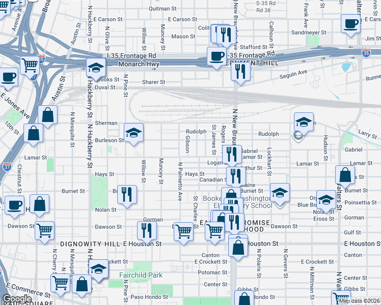 map of restaurants, bars, coffee shops, grocery stores, and more near 1027 Lamar Street in San Antonio