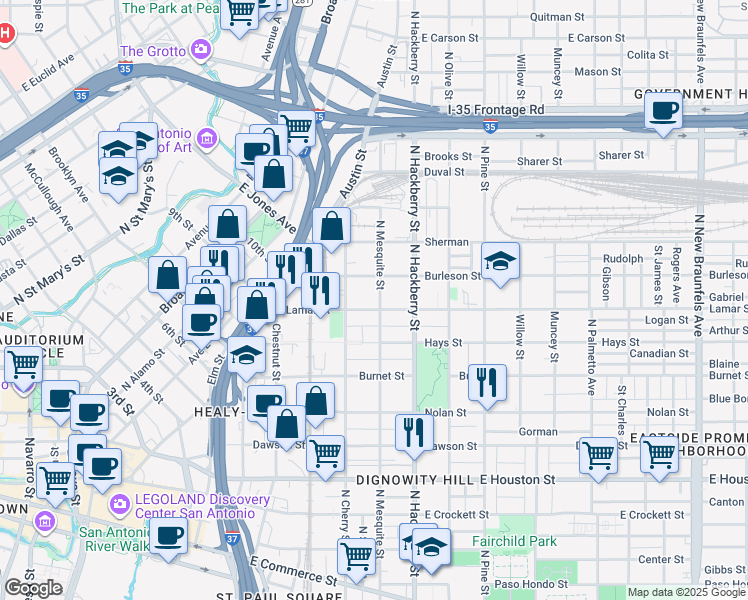 map of restaurants, bars, coffee shops, grocery stores, and more near 901 North Mesquite Street in San Antonio
