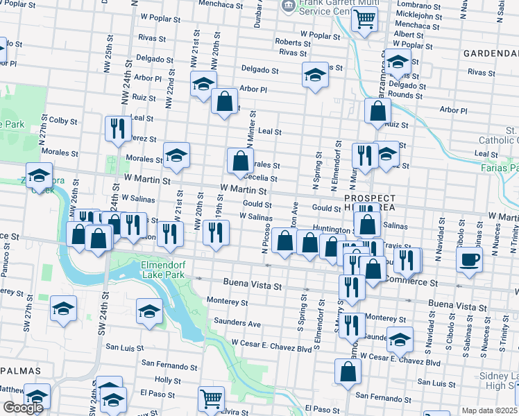 map of restaurants, bars, coffee shops, grocery stores, and more near 3421 West Salinas in San Antonio