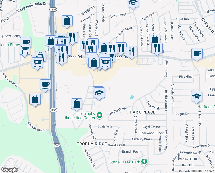 map of restaurants, bars, coffee shops, grocery stores, and more near 115 Gazelle Hunt in San Antonio