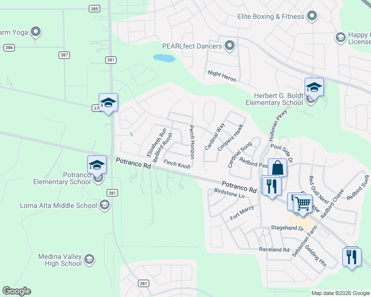 map of restaurants, bars, coffee shops, grocery stores, and more near 136 Golden Wren in San Antonio