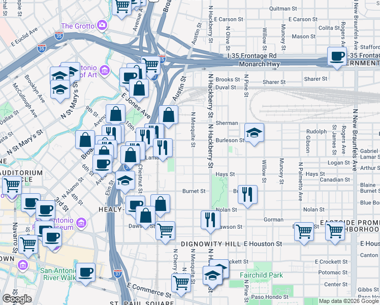 map of restaurants, bars, coffee shops, grocery stores, and more near 901 North Mesquite Street in San Antonio