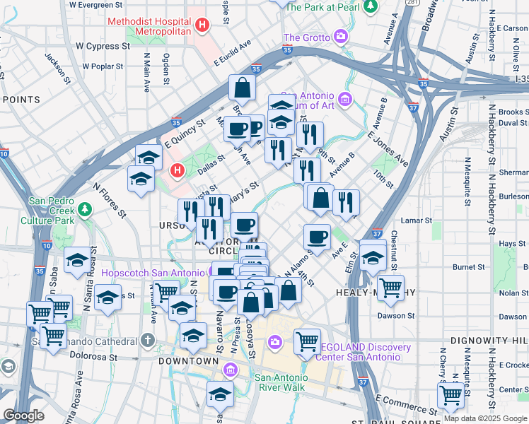 map of restaurants, bars, coffee shops, grocery stores, and more near 201 Avenue A in San Antonio