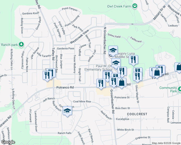 map of restaurants, bars, coffee shops, grocery stores, and more near 12510 Dry Run in San Antonio