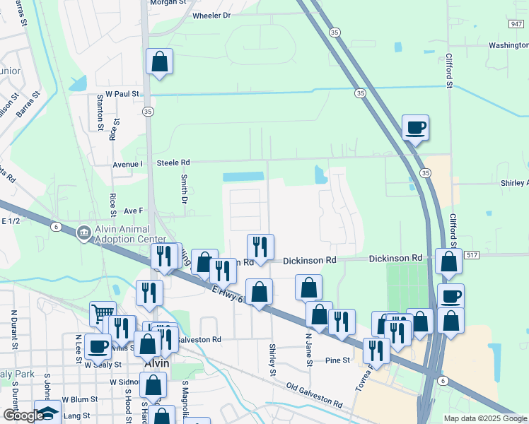 map of restaurants, bars, coffee shops, grocery stores, and more near 1005 Hamilton Street in Alvin