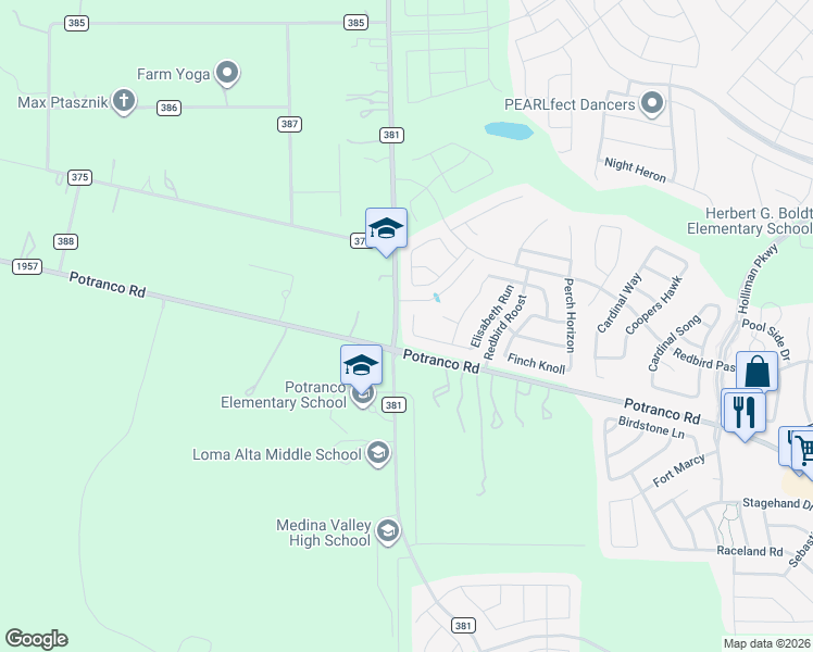 map of restaurants, bars, coffee shops, grocery stores, and more near 301 Kildeer Creek in San Antonio
