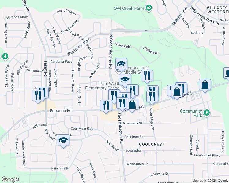 map of restaurants, bars, coffee shops, grocery stores, and more near 302 Coriander Bend in San Antonio