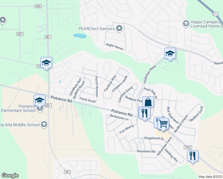 map of restaurants, bars, coffee shops, grocery stores, and more near 222 Coopers Hawk in San Antonio