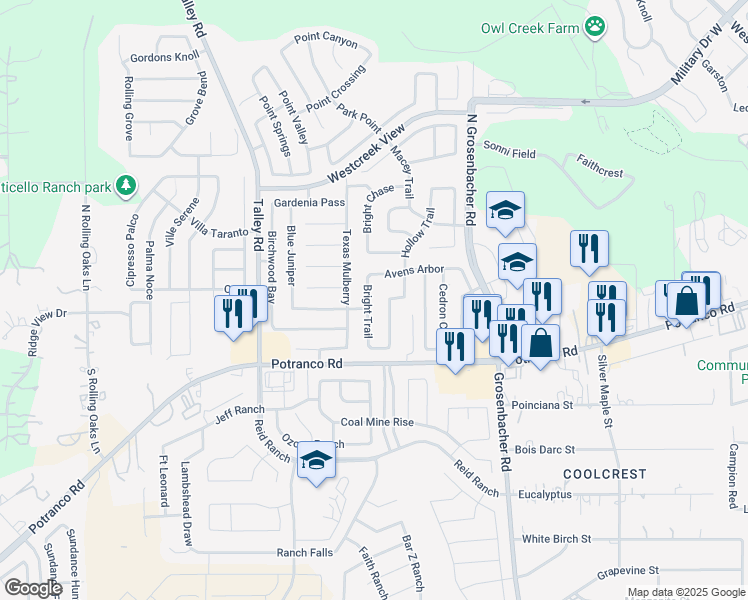 map of restaurants, bars, coffee shops, grocery stores, and more near 203 Bright Trail in San Antonio