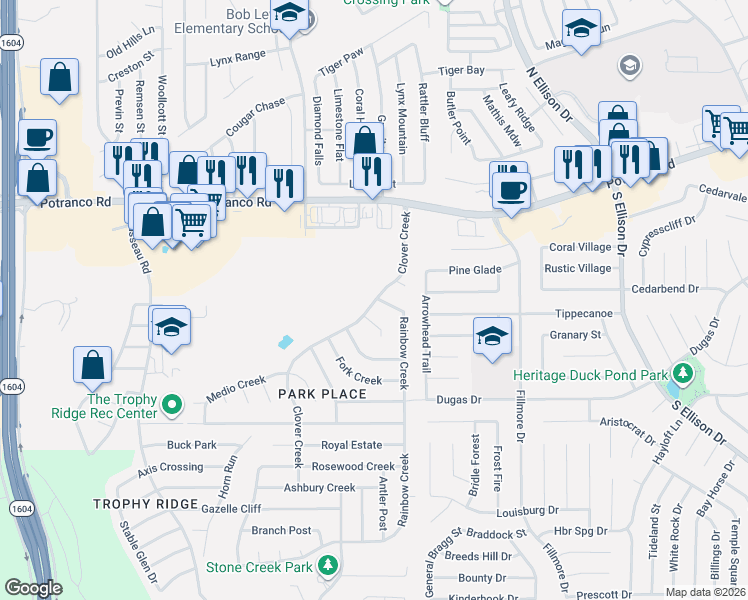 map of restaurants, bars, coffee shops, grocery stores, and more near 10326 Rainbow Creek in San Antonio