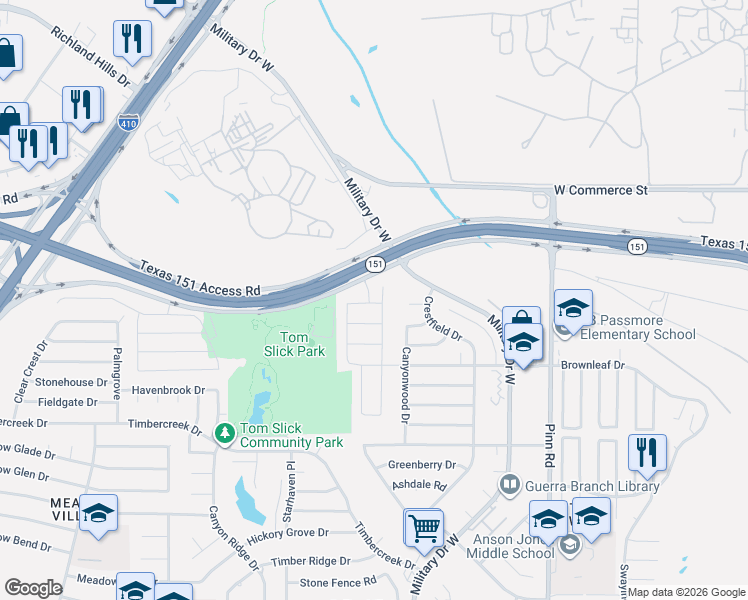 map of restaurants, bars, coffee shops, grocery stores, and more near 7114 Baker Rdg in San Antonio