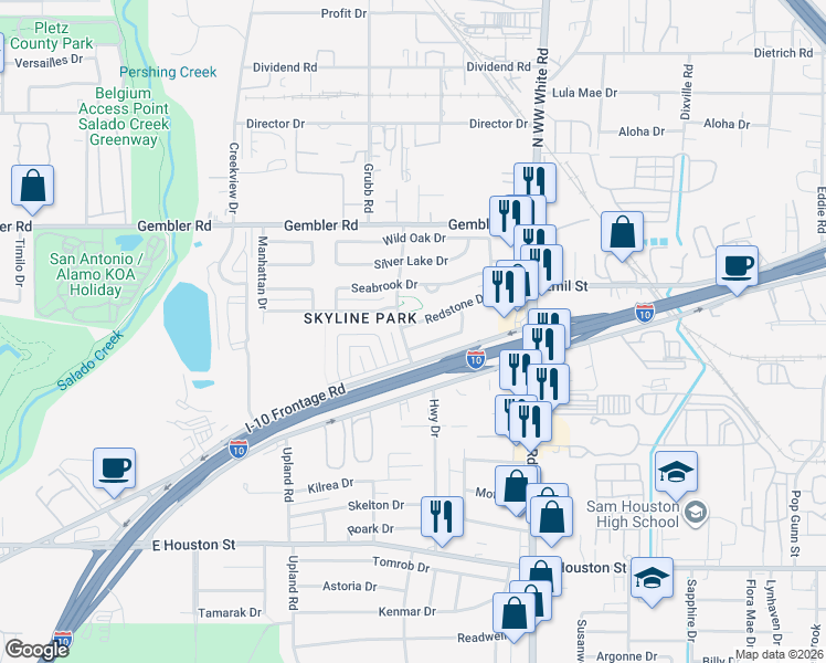 map of restaurants, bars, coffee shops, grocery stores, and more near 607 Green Valley in San Antonio