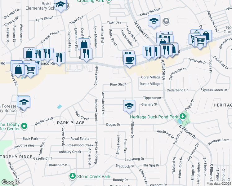 map of restaurants, bars, coffee shops, grocery stores, and more near 10435 Tippecanoe in San Antonio