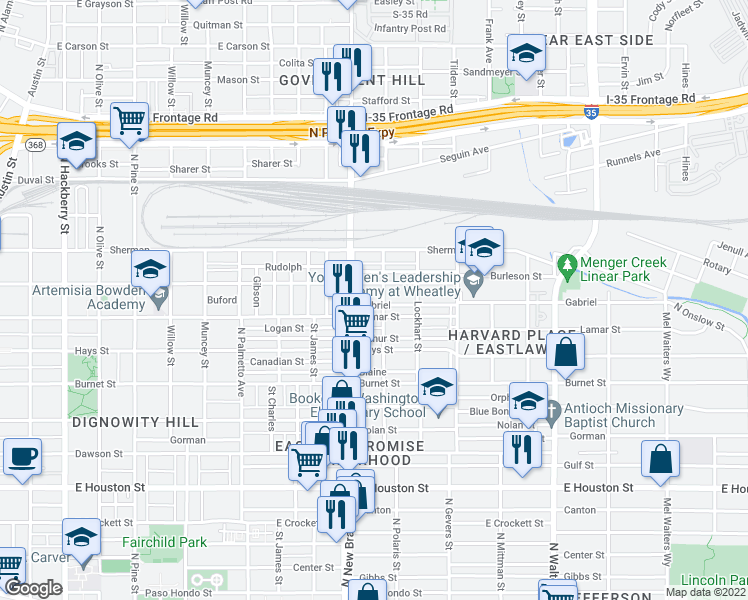 map of restaurants, bars, coffee shops, grocery stores, and more near 1325 Lamar Street in San Antonio