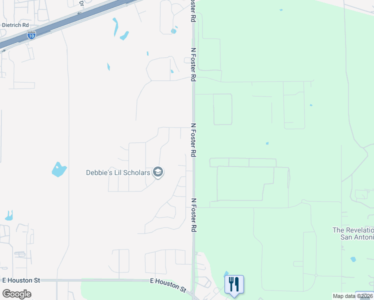 map of restaurants, bars, coffee shops, grocery stores, and more near 857-999 North Foster Road in San Antonio