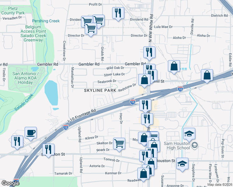 map of restaurants, bars, coffee shops, grocery stores, and more near 607 Green Valley in San Antonio