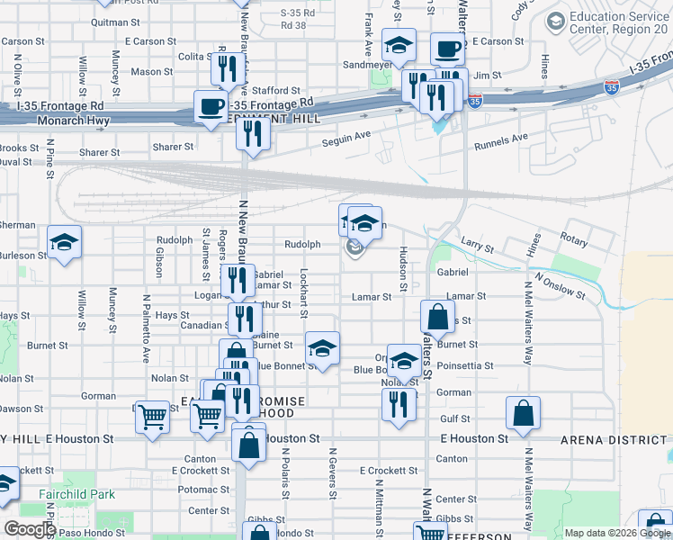 map of restaurants, bars, coffee shops, grocery stores, and more near 1536 Lamar Street in San Antonio
