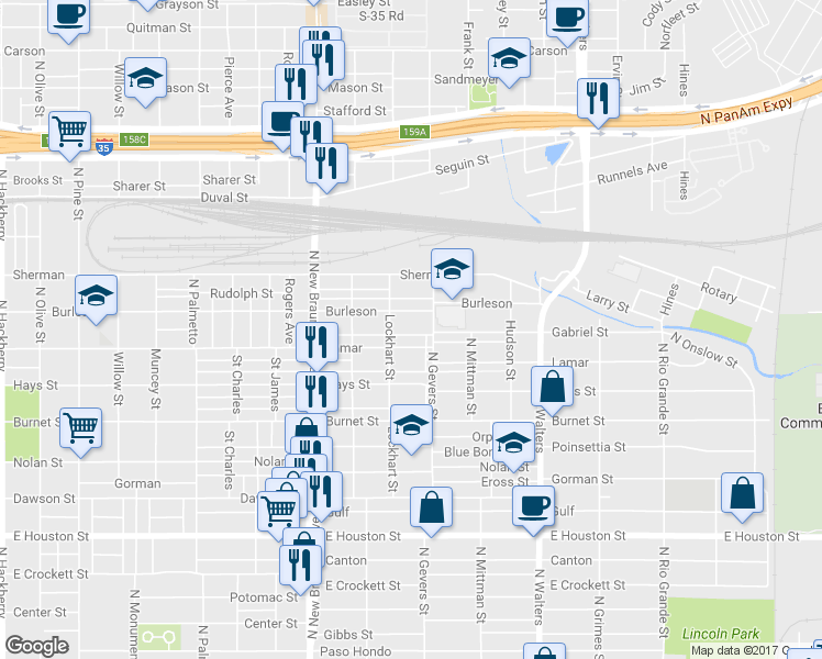 map of restaurants, bars, coffee shops, grocery stores, and more near 1536 Lamar Street in San Antonio