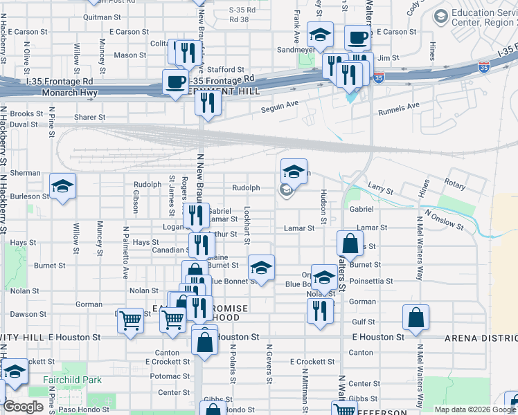 map of restaurants, bars, coffee shops, grocery stores, and more near 1536 Lamar Street in San Antonio