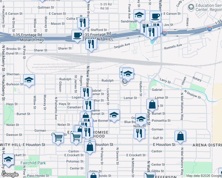 map of restaurants, bars, coffee shops, grocery stores, and more near 1536 Lamar Street in San Antonio