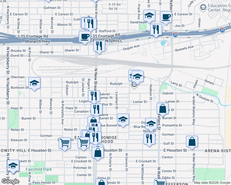 map of restaurants, bars, coffee shops, grocery stores, and more near 1431 Lamar Street in San Antonio