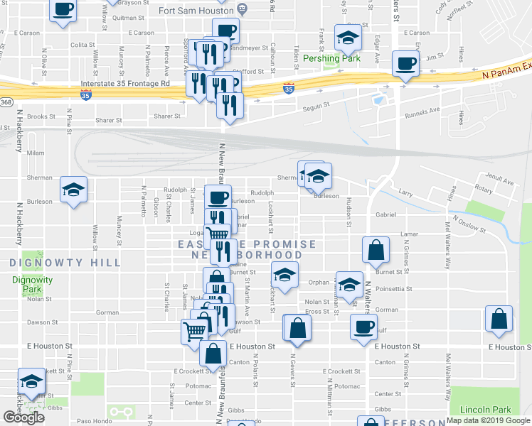 map of restaurants, bars, coffee shops, grocery stores, and more near 1431 Lamar Street in San Antonio