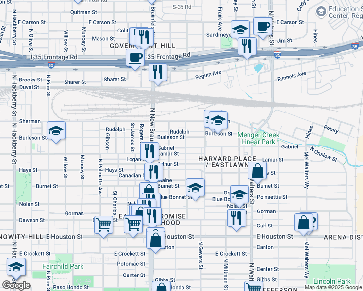 map of restaurants, bars, coffee shops, grocery stores, and more near 1431 Lamar Street in San Antonio
