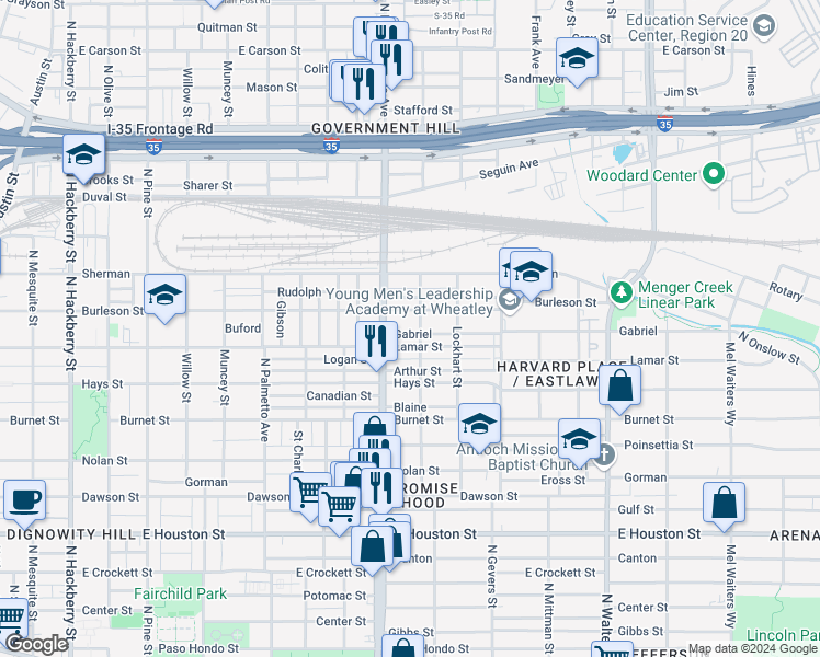 map of restaurants, bars, coffee shops, grocery stores, and more near 1325 Lamar Street in San Antonio