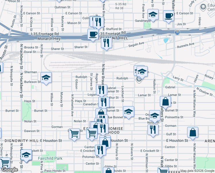map of restaurants, bars, coffee shops, grocery stores, and more near 1325 Lamar Street in San Antonio
