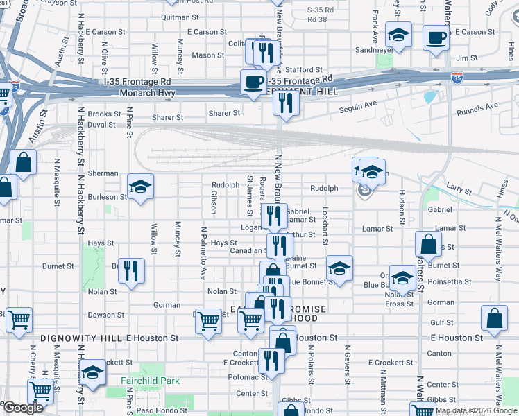map of restaurants, bars, coffee shops, grocery stores, and more near 1230 Lamar in San Antonio