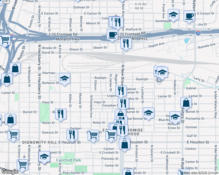 map of restaurants, bars, coffee shops, grocery stores, and more near 1125 Lamar Street in San Antonio