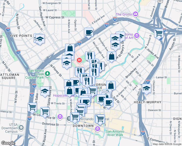 map of restaurants, bars, coffee shops, grocery stores, and more near 1031 Navarro Street in San Antonio