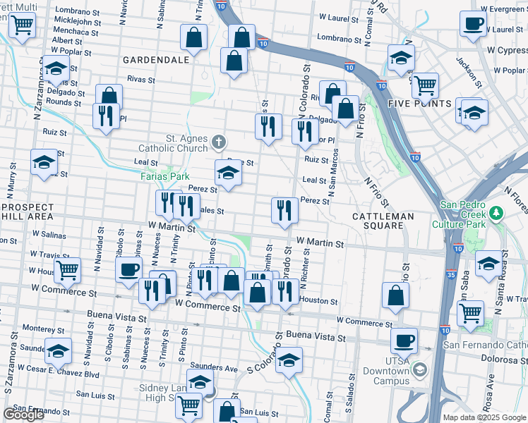 map of restaurants, bars, coffee shops, grocery stores, and more near 512 North Brazos Street in San Antonio