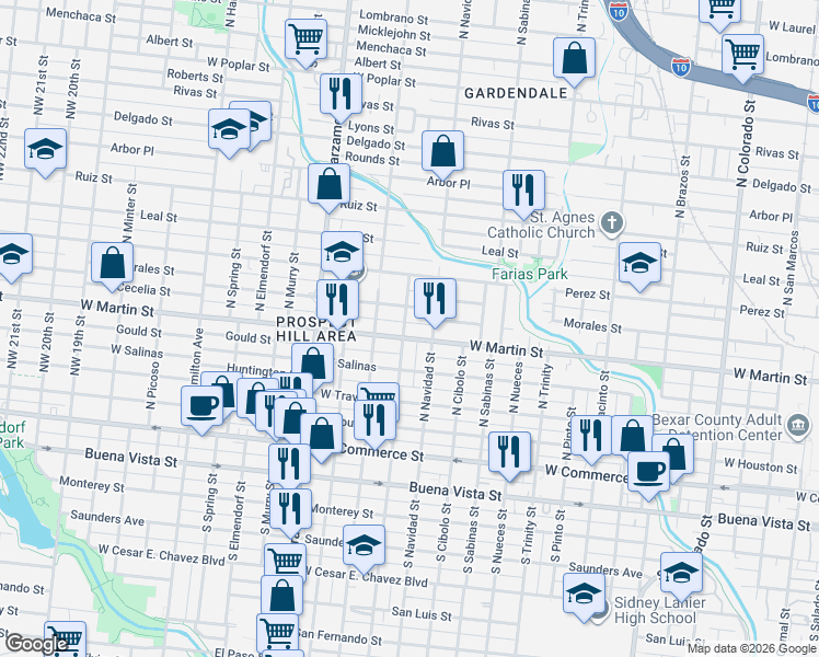map of restaurants, bars, coffee shops, grocery stores, and more near 424 North Chupaderas Street in San Antonio