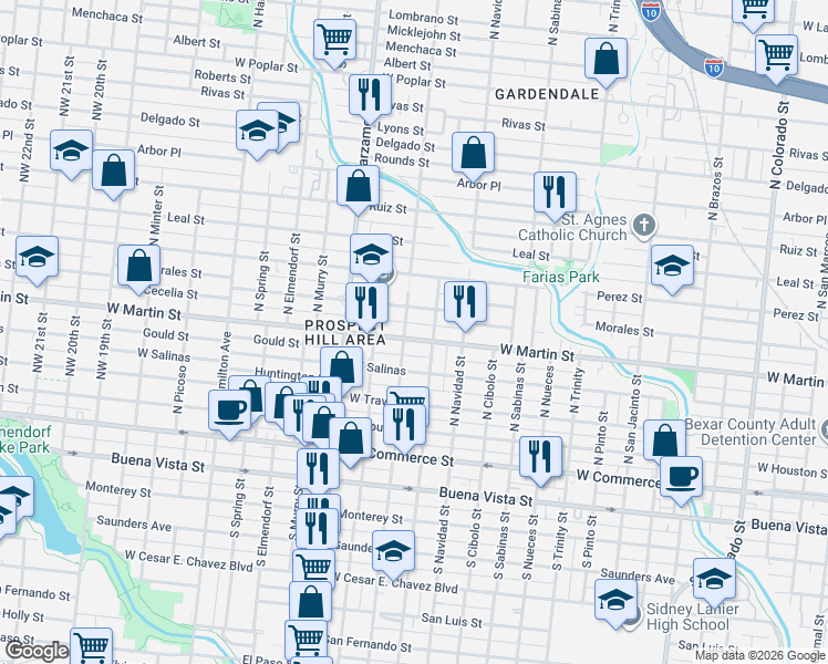 map of restaurants, bars, coffee shops, grocery stores, and more near 2902 West Martin Street in San Antonio