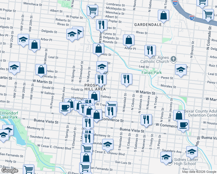 map of restaurants, bars, coffee shops, grocery stores, and more near 2902 West Martin Street in San Antonio