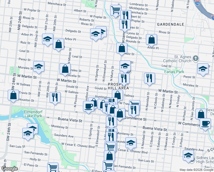 map of restaurants, bars, coffee shops, grocery stores, and more near 126 Gould Street in San Antonio