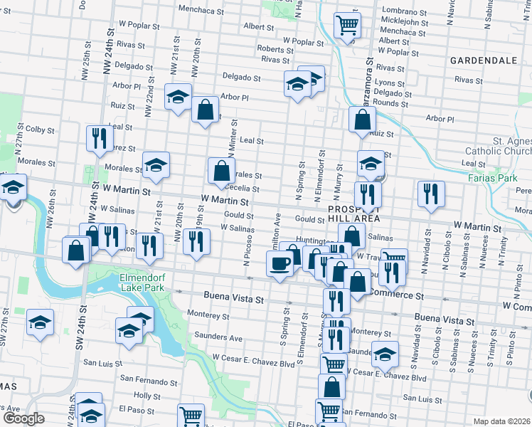map of restaurants, bars, coffee shops, grocery stores, and more near 3323 West Salinas in San Antonio