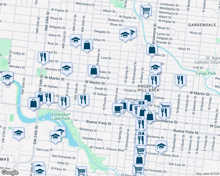 map of restaurants, bars, coffee shops, grocery stores, and more near 3323 West Salinas in San Antonio